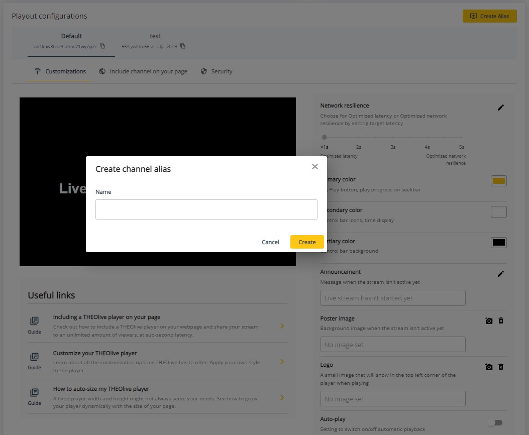 Create a new channel alias under the &quot;Playout configurations&quot; tab