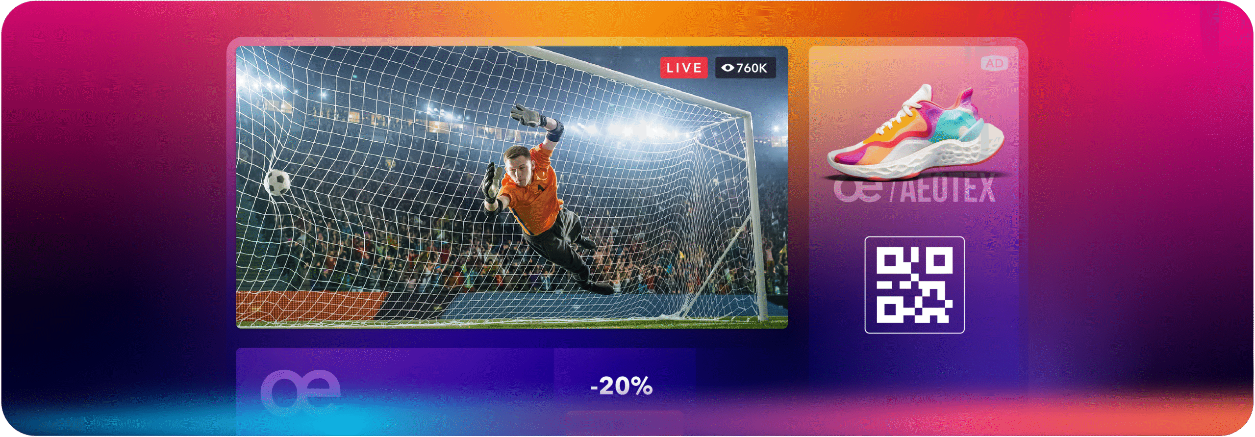 Live soccer stream with interactive ad for sneakers and QR code, eCPM advertising example.