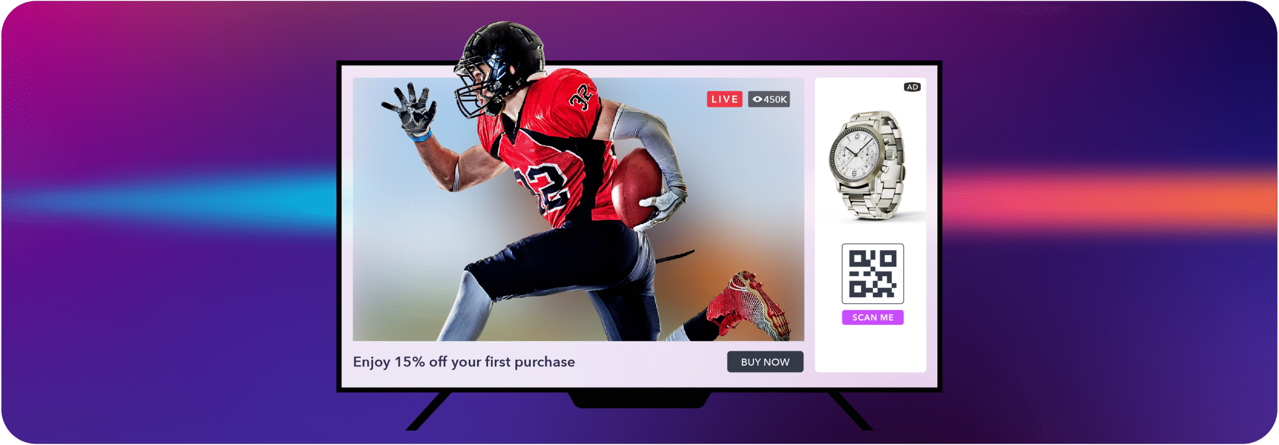Football live stream showing watch ad with QR code and eCPM advertising concept.