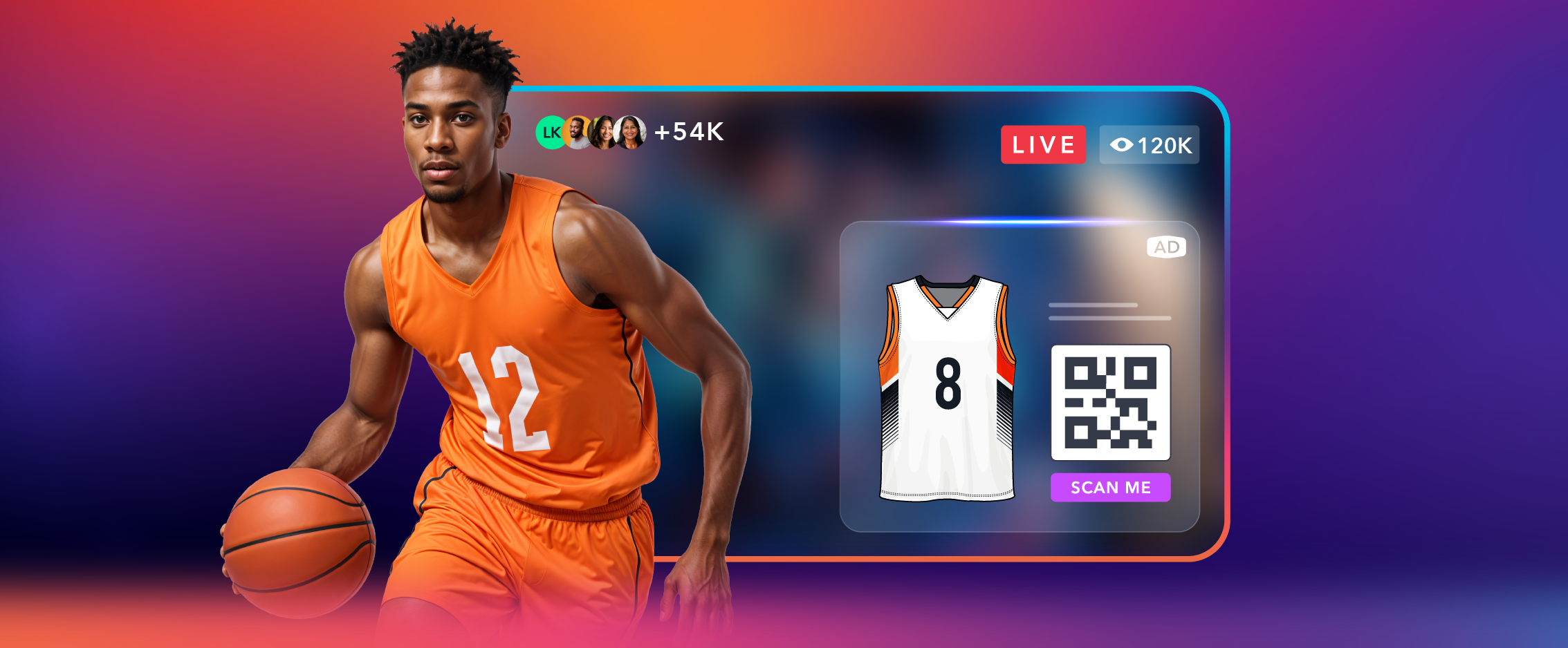 Basketball live stream featuring jersey ad and QR code, illustrating eCPM advertising.