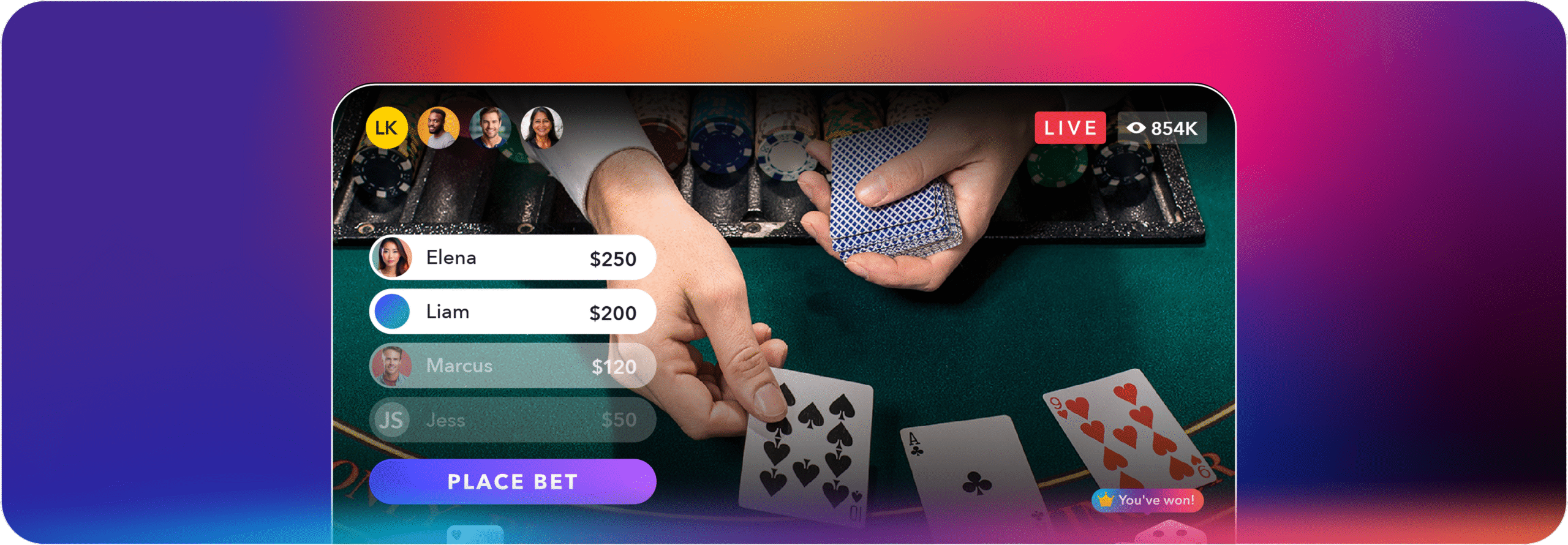 Live card game betting interface displaying player wagers and real-time updates.