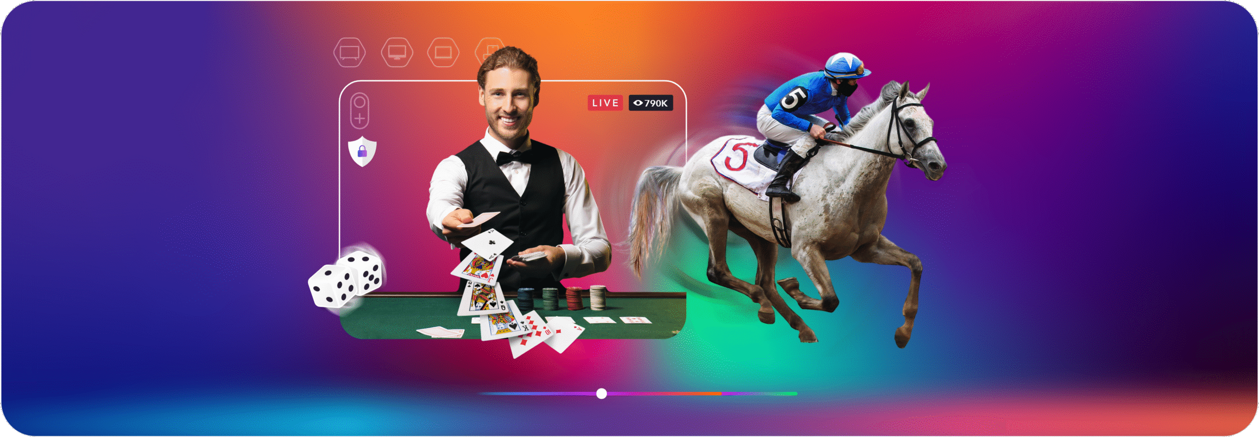 Live dealer card games and horse racing on a vibrant digital interface.