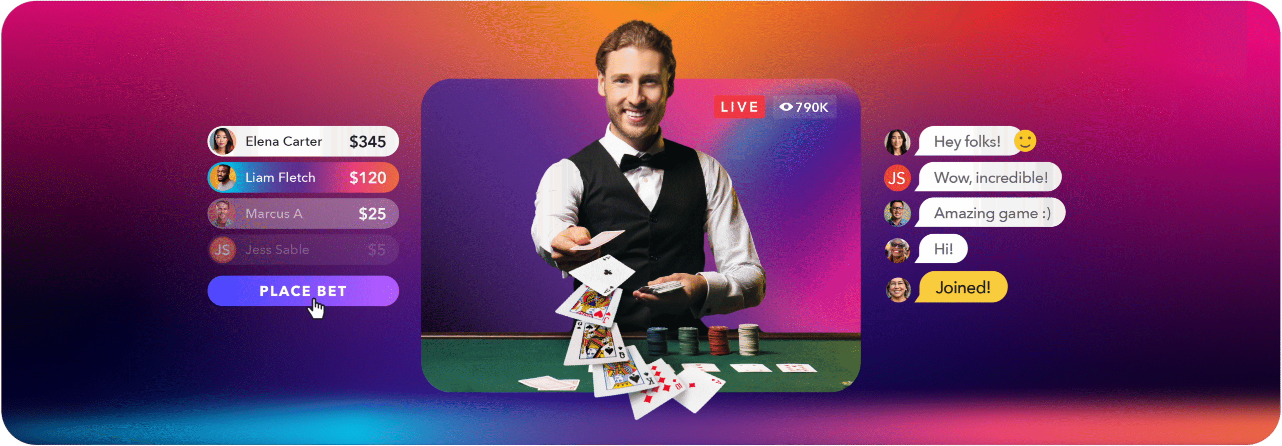 Dealer in formal attire performing a dramatic card reveal at a live casino table, with chat messages and betting options displayed on screen.