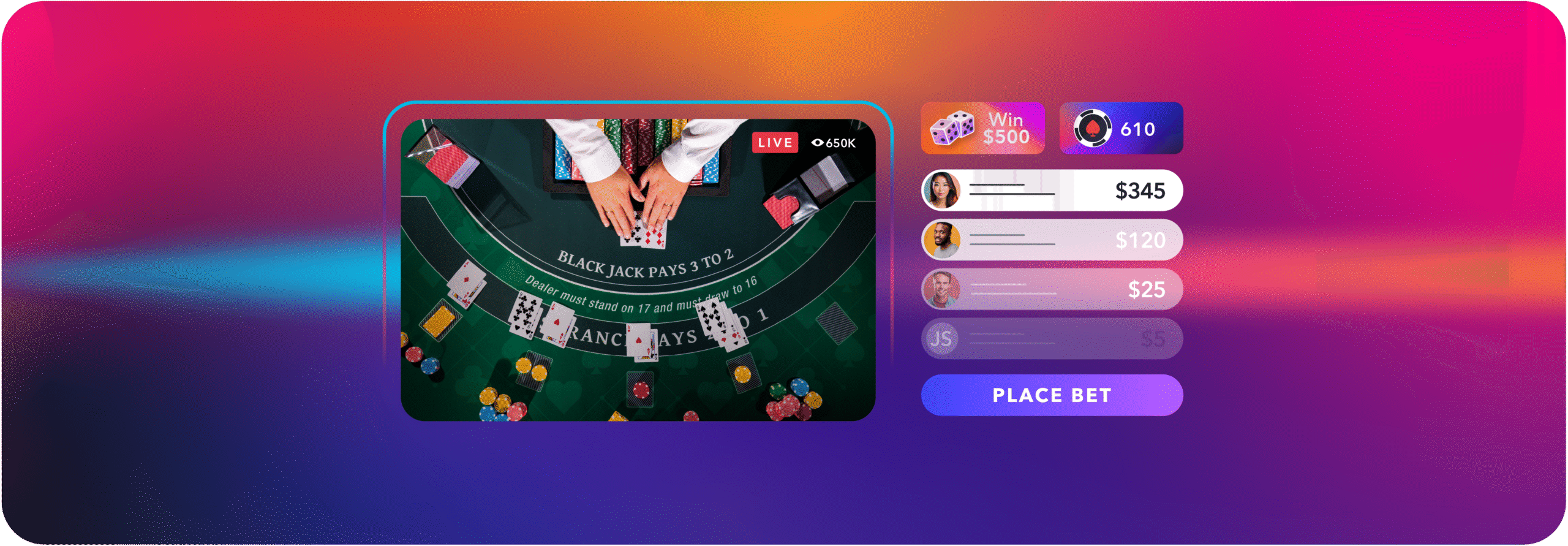 Live blackjack table with dealer hands arranging cards, colorful chips, and betting interface showing player balances and a ‘Place Bet’ button.