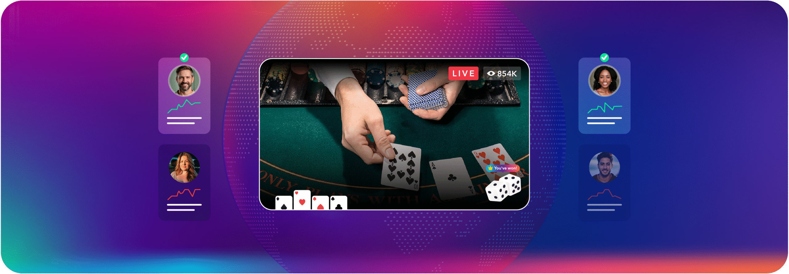 Live streaming poker game on a green felt table with cards and dice, surrounded by player profile cards and engagement stats.