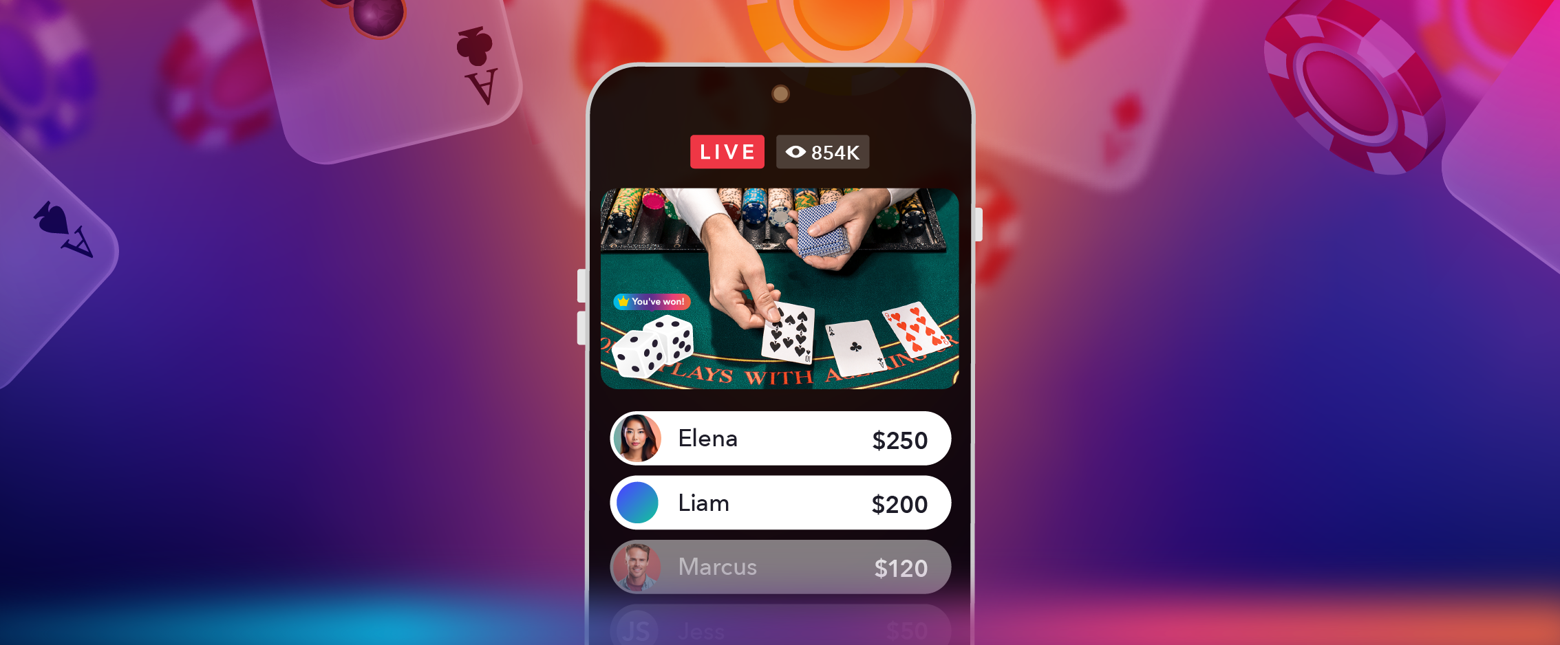 Mobile view of a live casino game showing cards, dice, and player betting amounts on a vibrant background with floating poker chips.