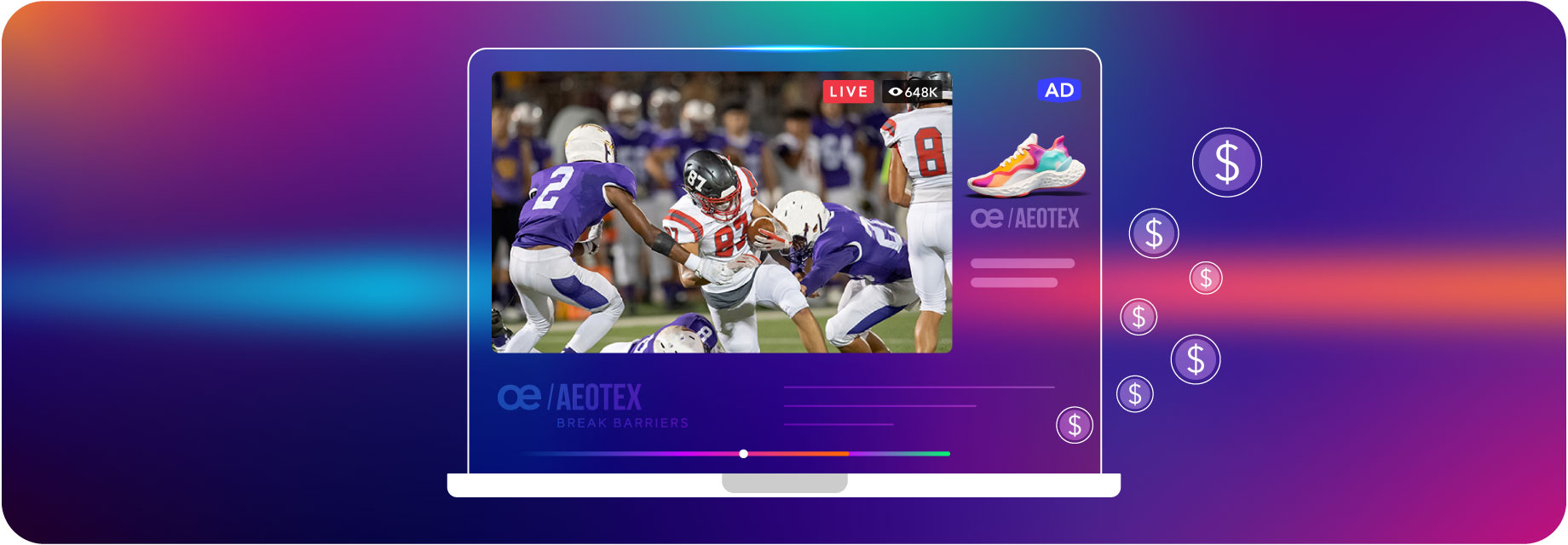 Laptop screen streaming a football game with an ad for colorful athletic shoes on the side and dollar icons representing monetization.