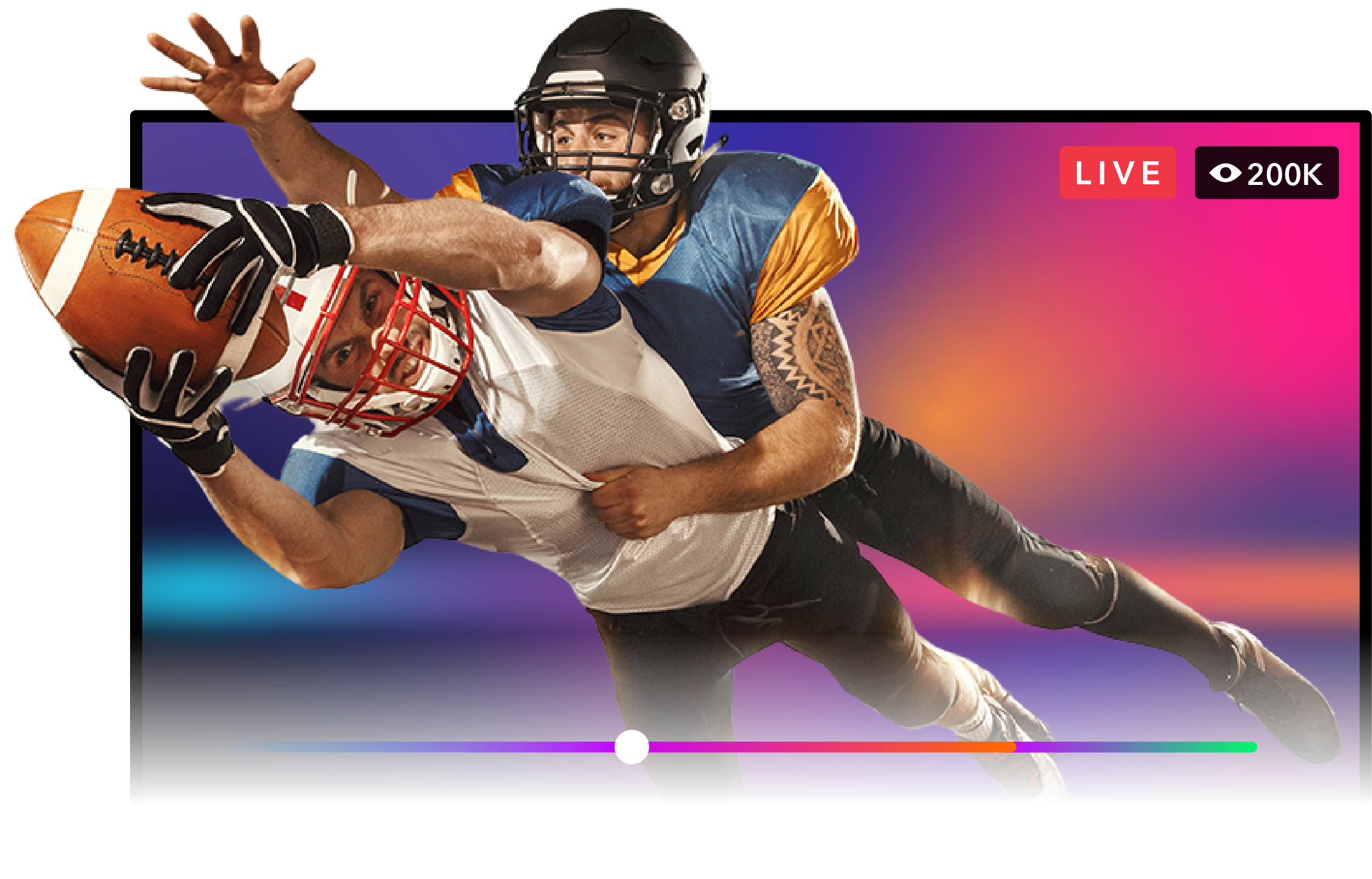 Reimagining-livesports-hero Two football players in action, one diving with the ball while another tackles, shown on a live stream with 200K viewers.