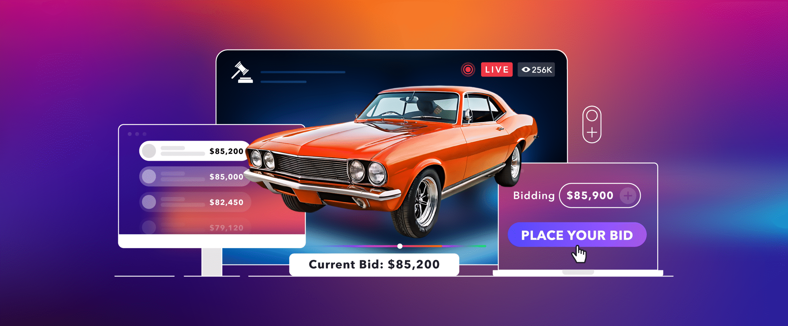  Digital auction interface showing classic orange car with live bidding and price updates, highlighting future of online auction technology.