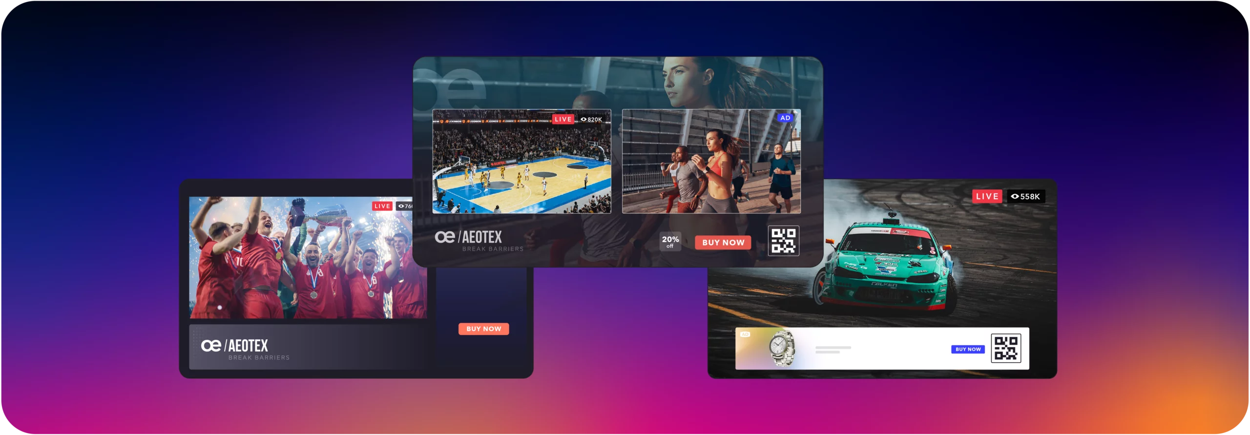 Sports event screens showing live games and interactive ads with QR codes and "buy now" buttons.