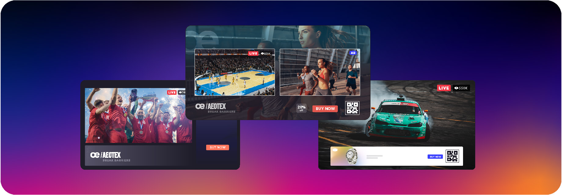 Sports event screens showing live games and interactive ads with QR codes and "buy now" buttons.