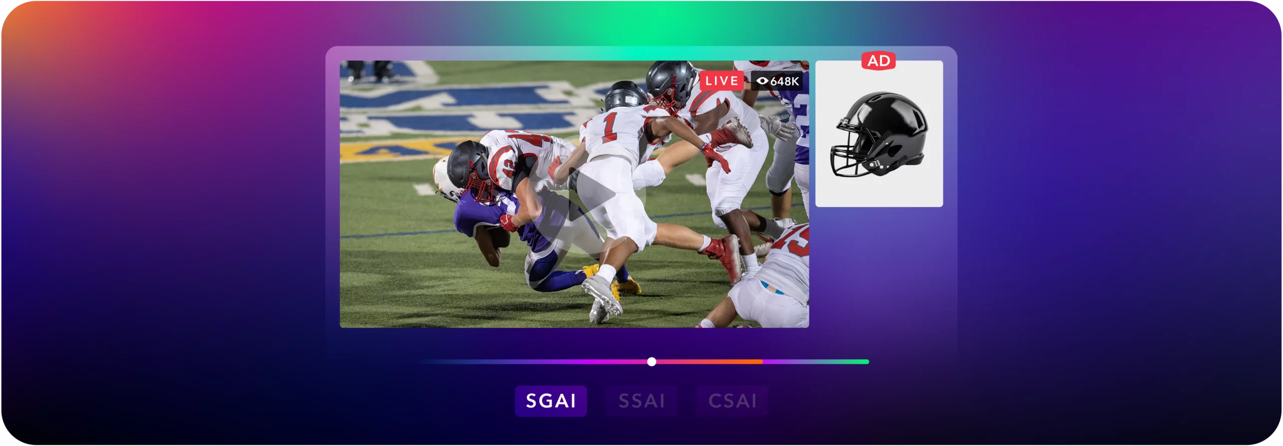 Football game with a digital ad for a helmet displayed beside the live action.