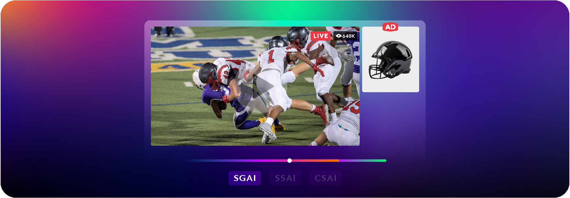 Football game with a digital ad for a helmet displayed beside the live action.