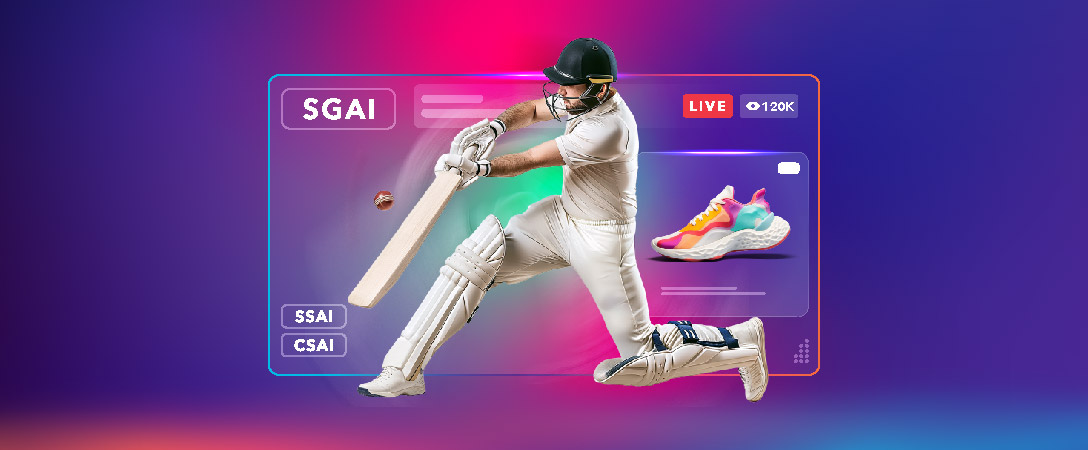 Cricket player batting with digital ad and SGAI interface on a colorful background.