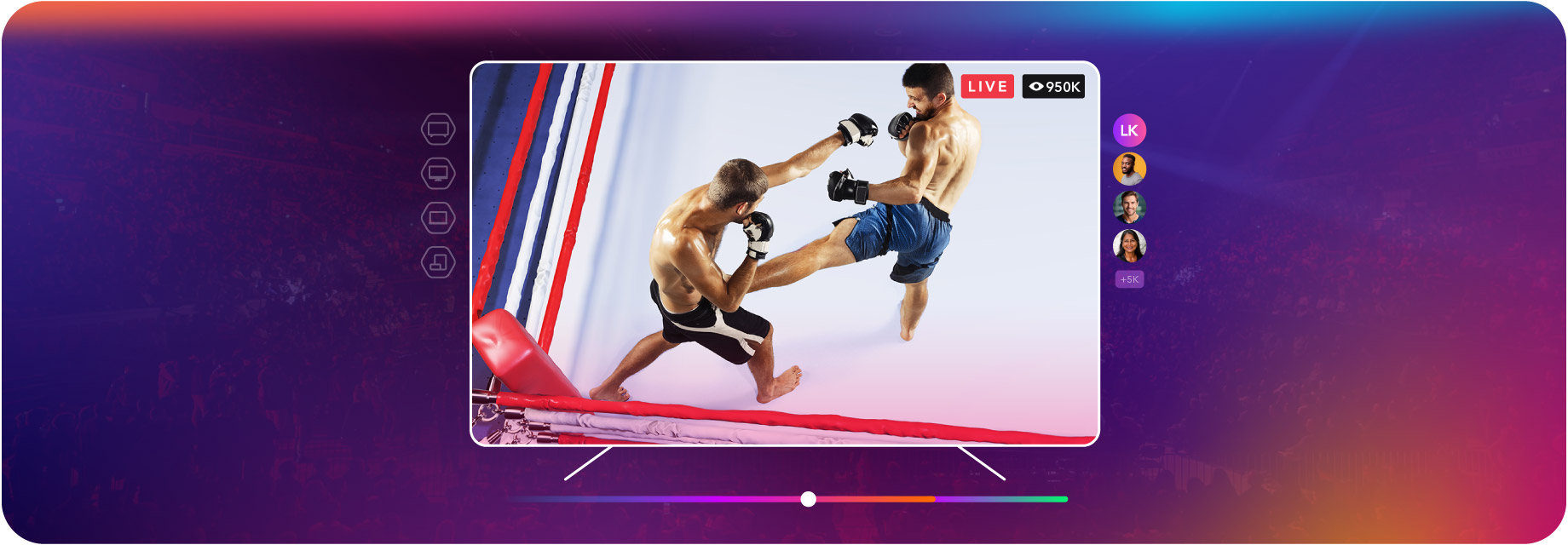 A TV screen showing two MMA fighters in action in a boxing ring, with live viewer count and profile icons, set against a blurred arena background with a colorful gradient.