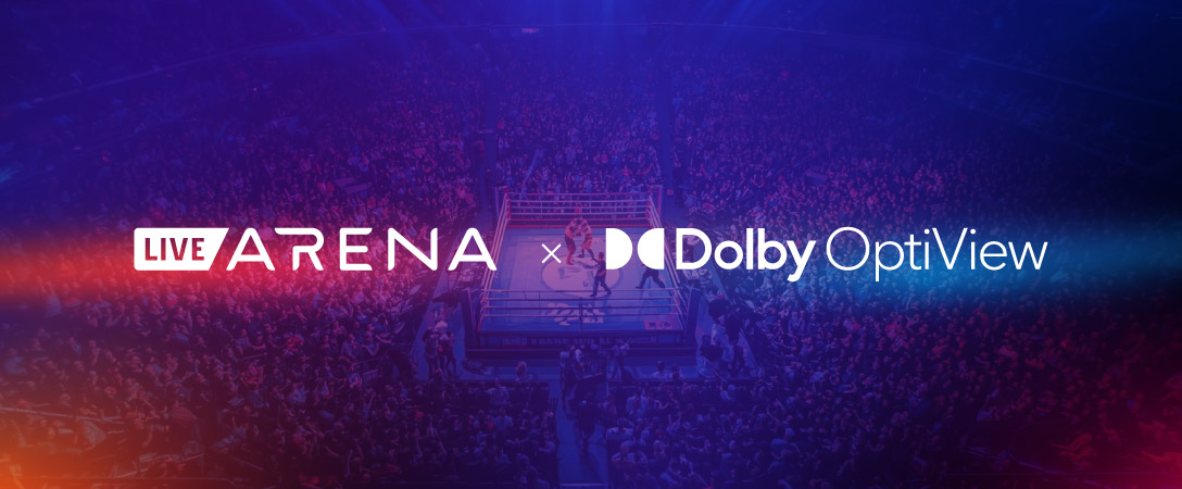  A wide view of a crowded arena with a boxing ring in the center, overlaid with the LiveArena and Dolby OptiView logos on a blue and orange gradient background.