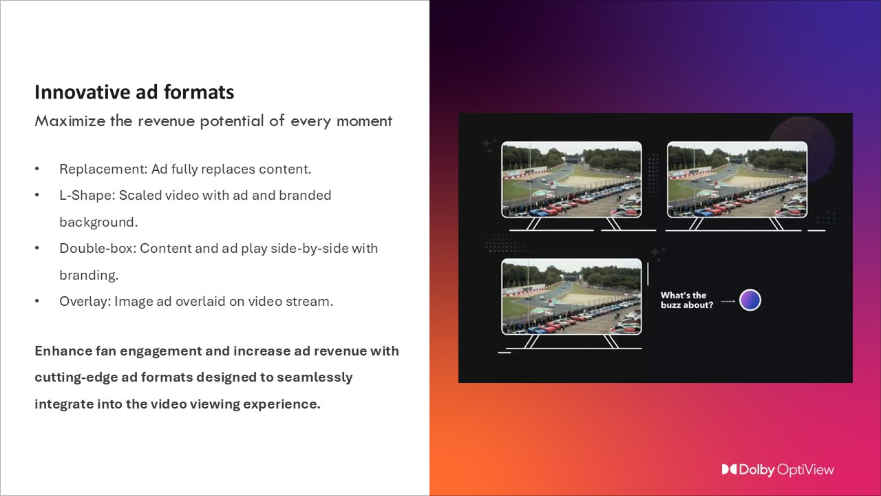 Slide titled 'Innovative ad formats' describing replacement, L-shape, double-box, and overlay ad formats, with images of a race car event shown in different ad display styles.