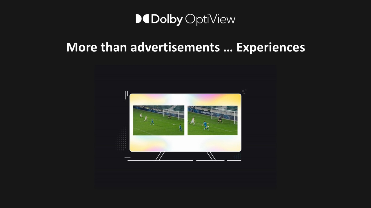 Slide with the Dolby OptiView logo and the phrase 'More than advertisements ... Experiences,' featuring an illustration of a screen displaying two soccer game scenes side by side.