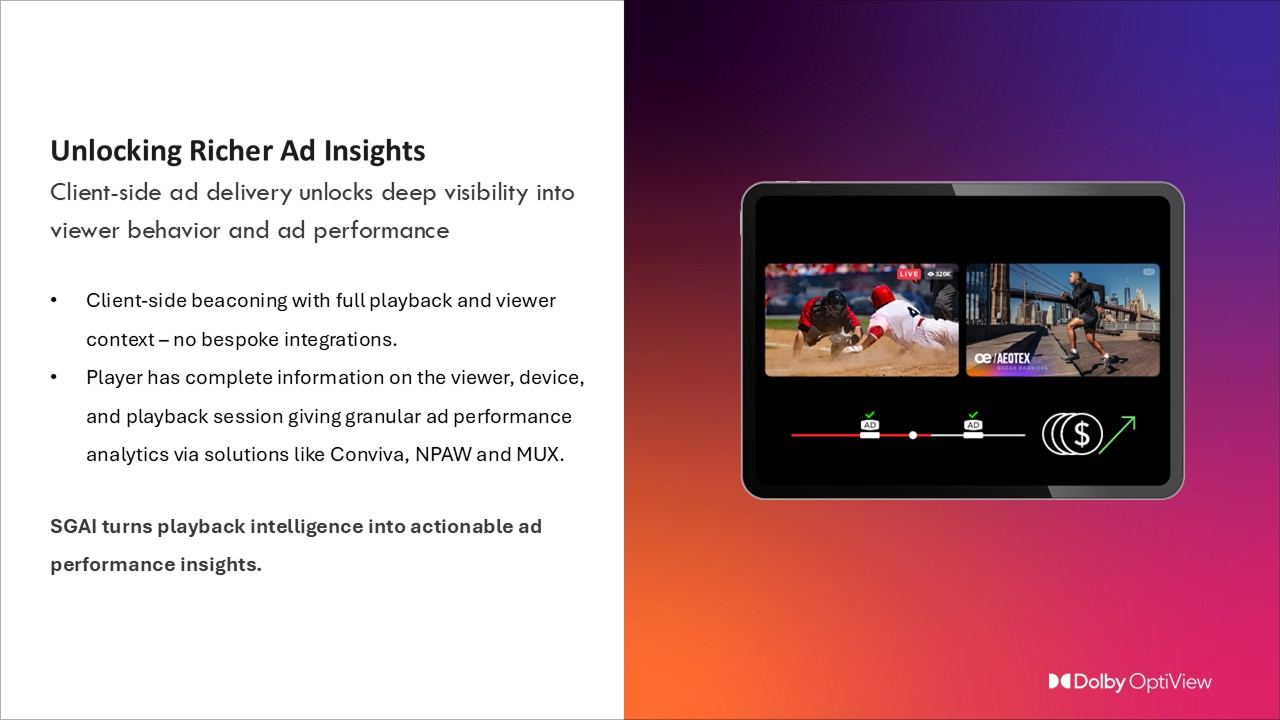 Slide titled 'Unlocking Richer Ad Insights' describing client-side ad delivery and analytics, with an image of a tablet displaying a baseball game and an ad timeline.