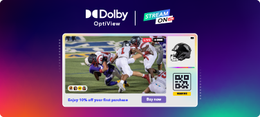  An action photo of football players in a tackle; a right-side panel shows a football helmet product image and a QR code.