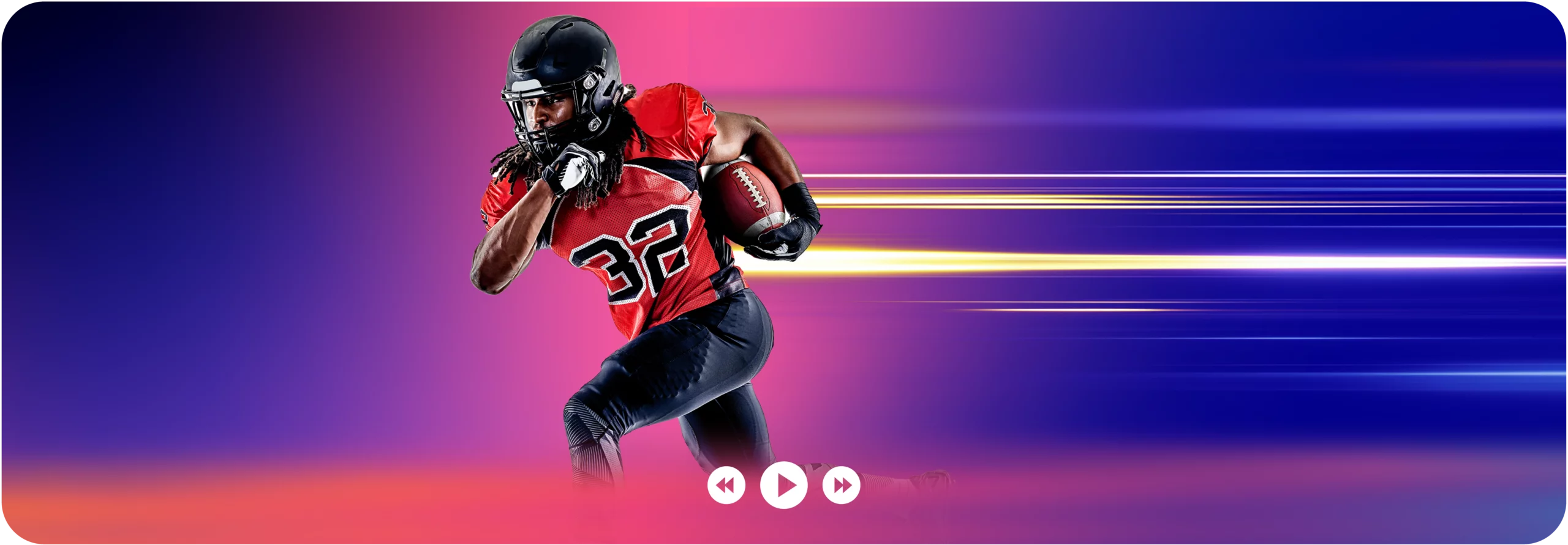 Football player running with the ball against a colorful motion-streak background, with video playback controls at the bottom.