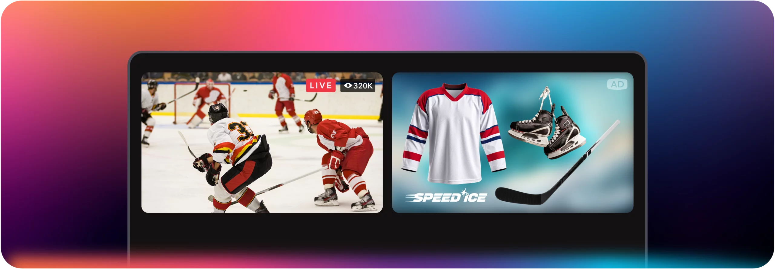 Split-screen sports streaming view showing a live hockey game beside a sports gear ad with hockey skates, a jersey, and a stick.