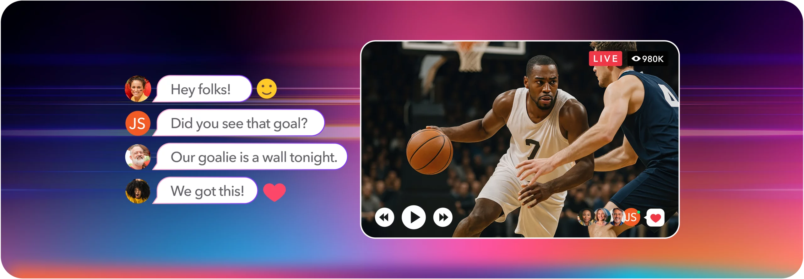 Basketball game streaming interface with live indicator, overlaid fan chat messages and reactions alongside the video.