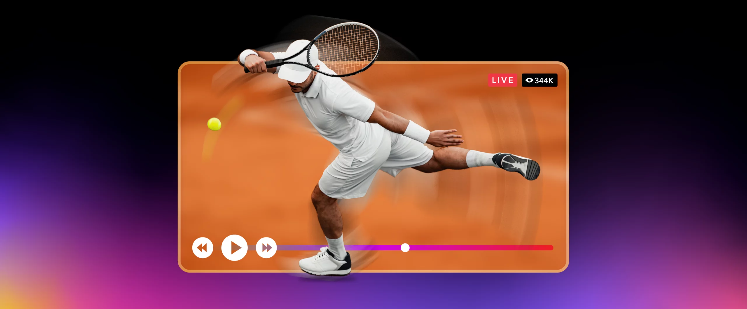 Tennis player lunging for a ball inside a video player frame with a “LIVE” viewer count badge and playback controls.