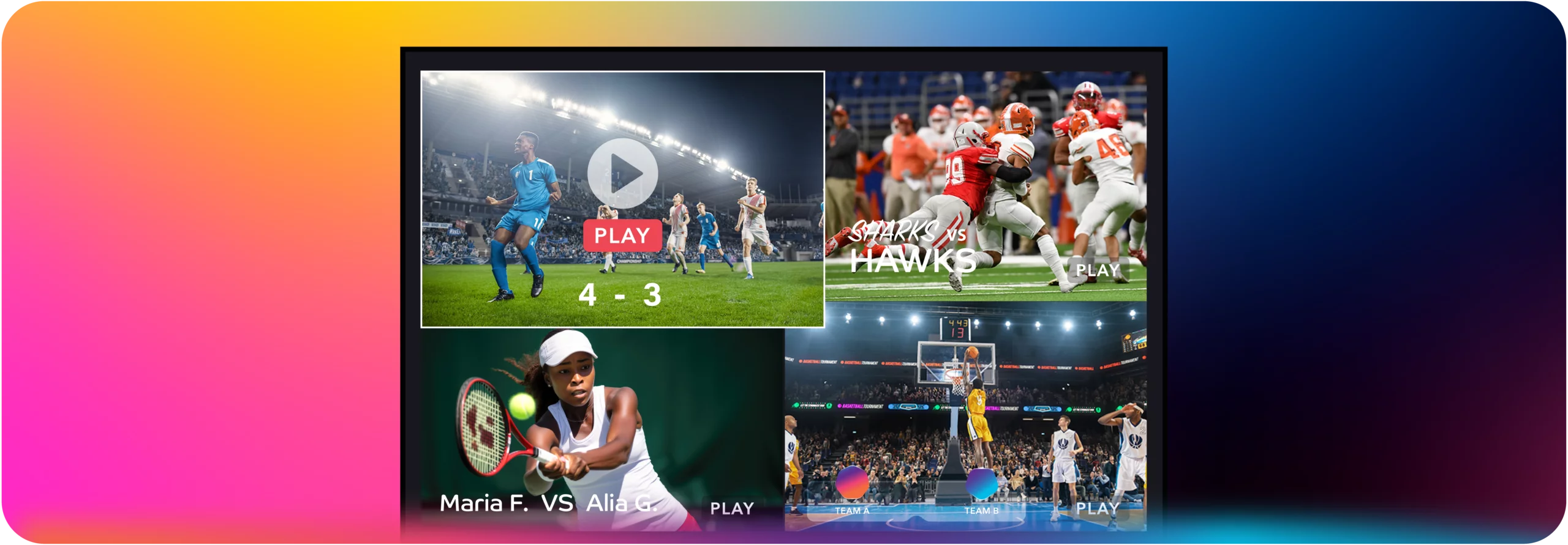 Multiple sports video streams with play buttons.