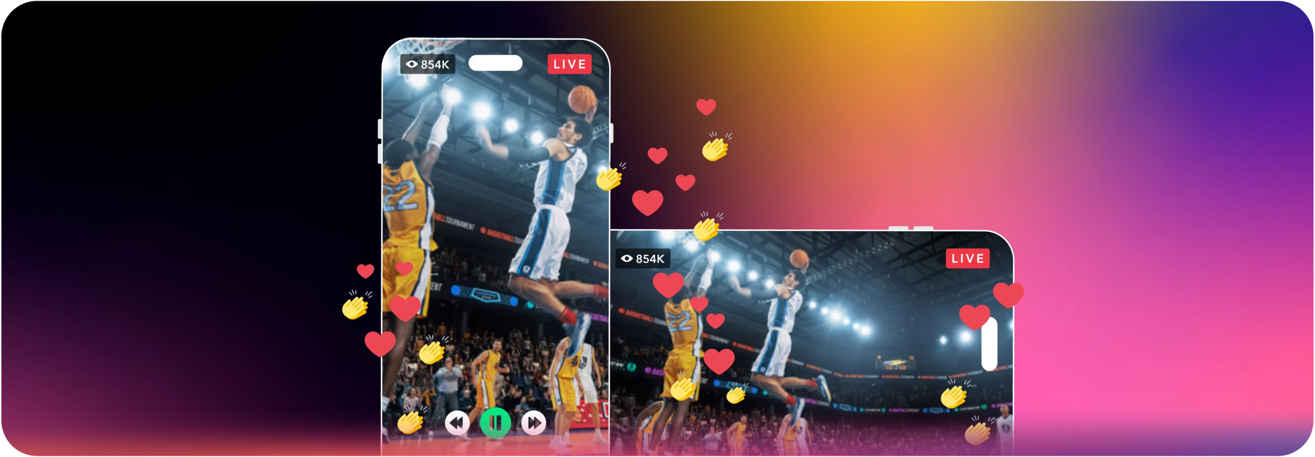 Basketball game shown on a phone and a wide video player with live reactions