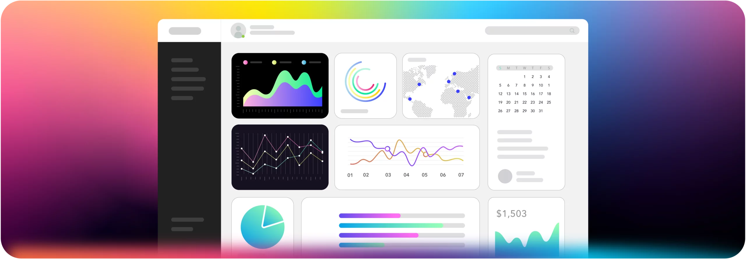 Analytics dashboard interface with multiple widgets, including colorful charts, a world map panel, a calendar, and a sidebar menu on a gradient background.