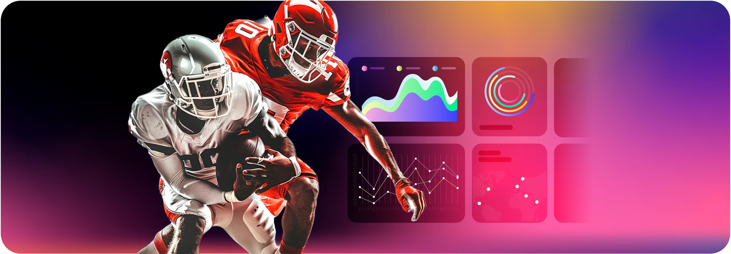 Two American football players in action, overlaid on a gradient background with abstract analytics tiles and charts.