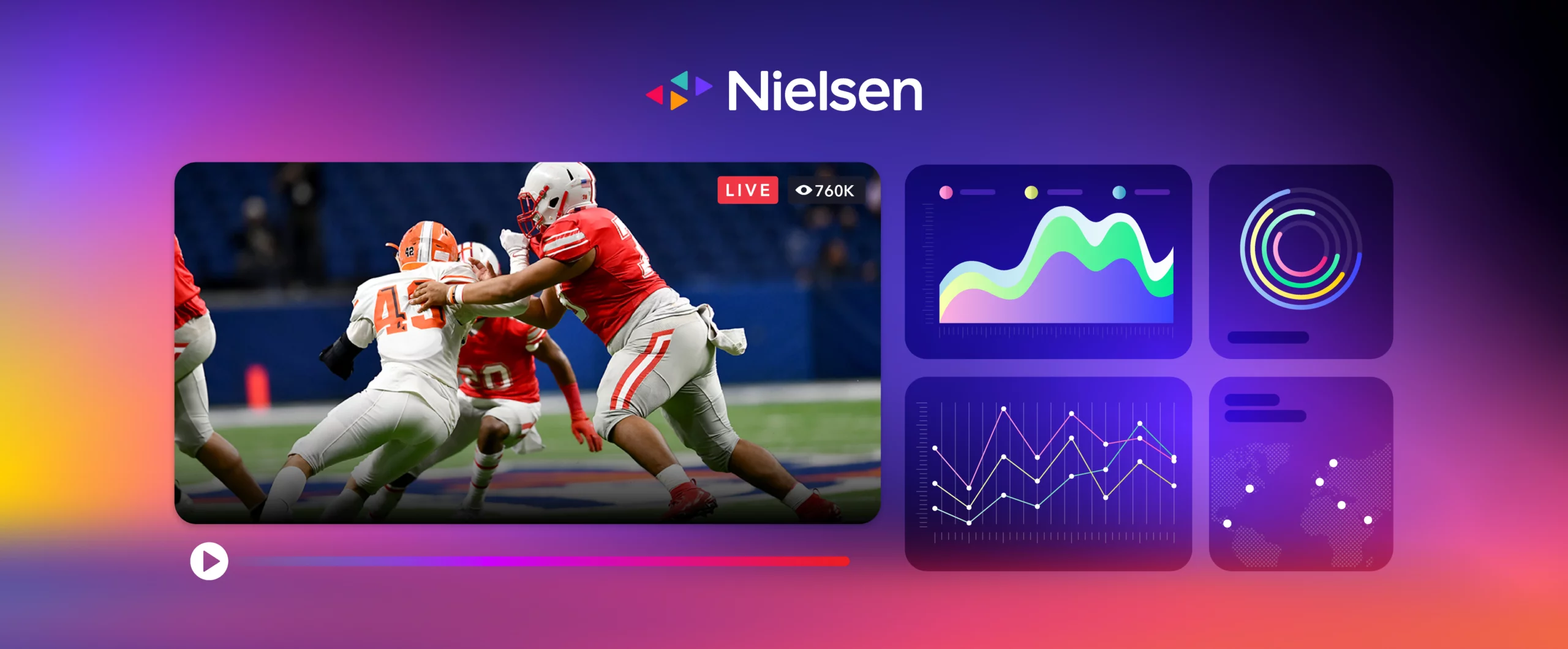 Video player thumbnail of a football game and adjacent analytics tiles with charts on a gradient background.
