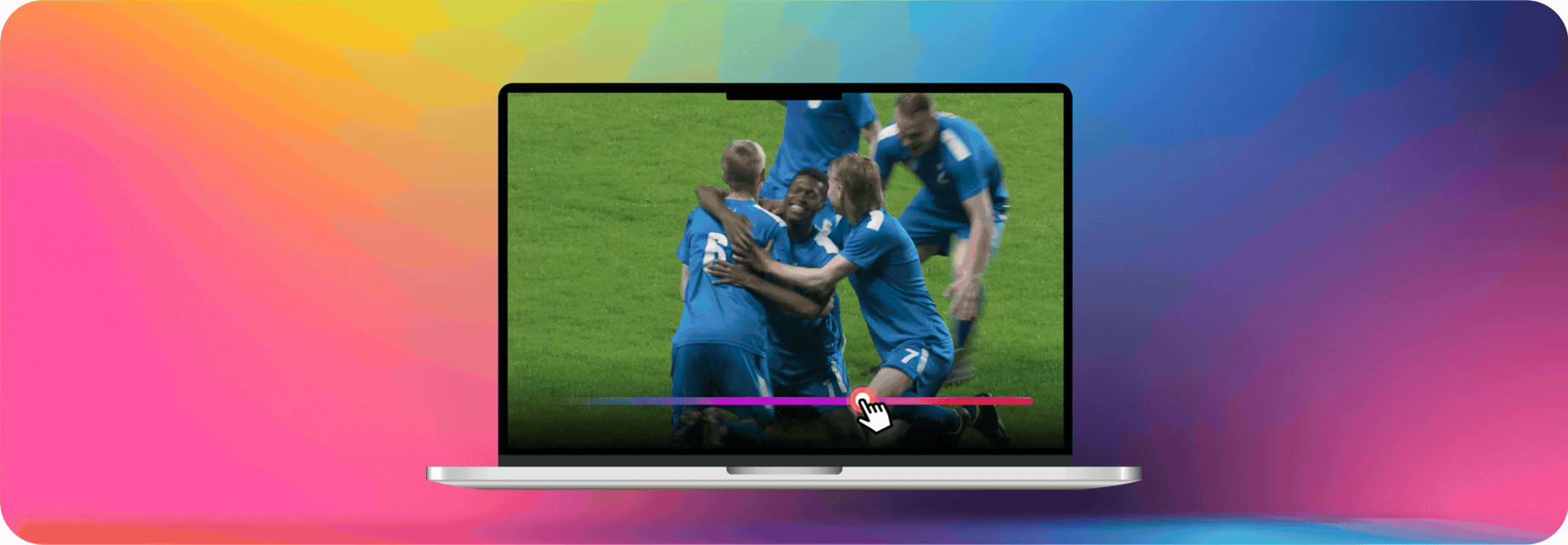 Soccer goal video player with a progress bar and and cursor rewinding to replay clip