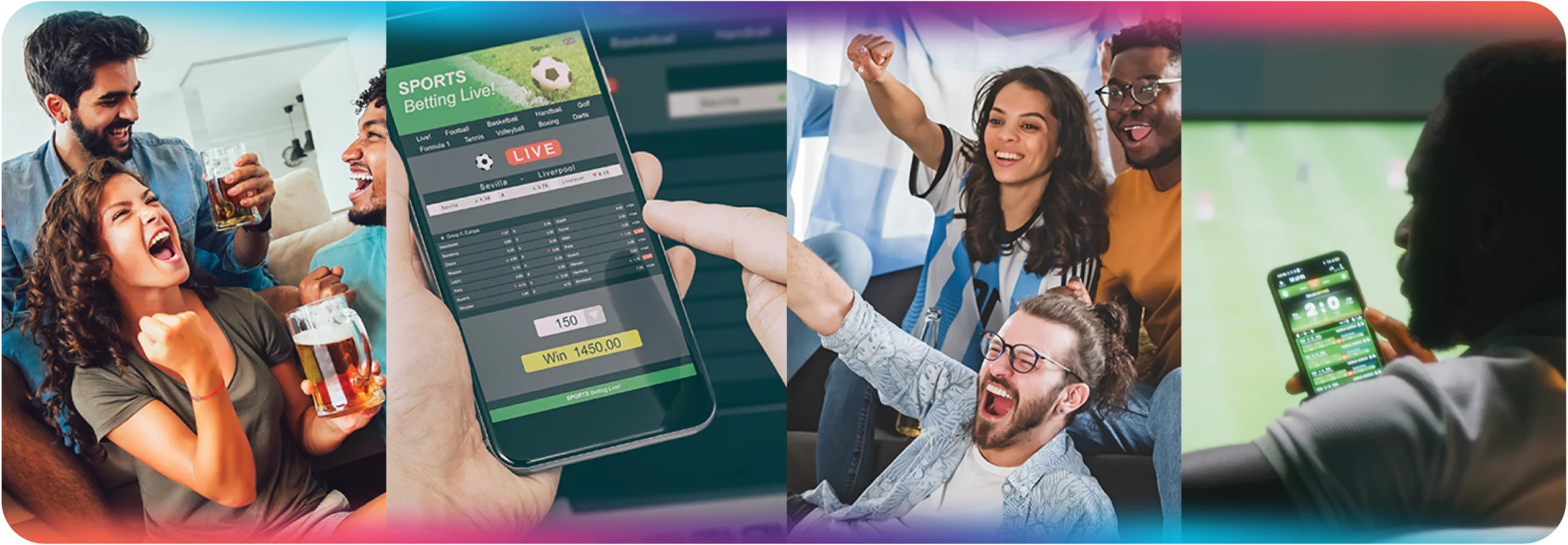 Four-panel collage of sports fans celebrating with drinks, a hand holding a phone displaying a live sports betting app, excited fans cheering in team jerseys, and a viewer watching soccer on TV while checking a betting app on their phone.