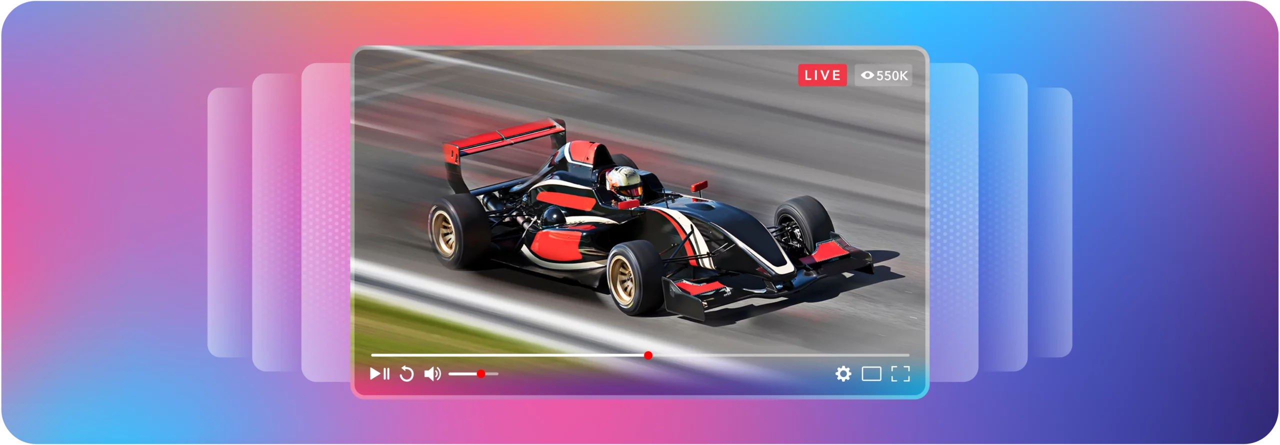 Low Latency Live Streaming for Sports- Tiers, Benchmarks & Use Cases _ Dolby OptiView _Dolby OptiView_in-body-image_1840x640 copy 2 Black and red formula racing car at high speed on a track, displayed within a live streaming player interface with a LIVE badge and 550K viewer count, set against a pink-to-purple gradient background with layered frame effects.