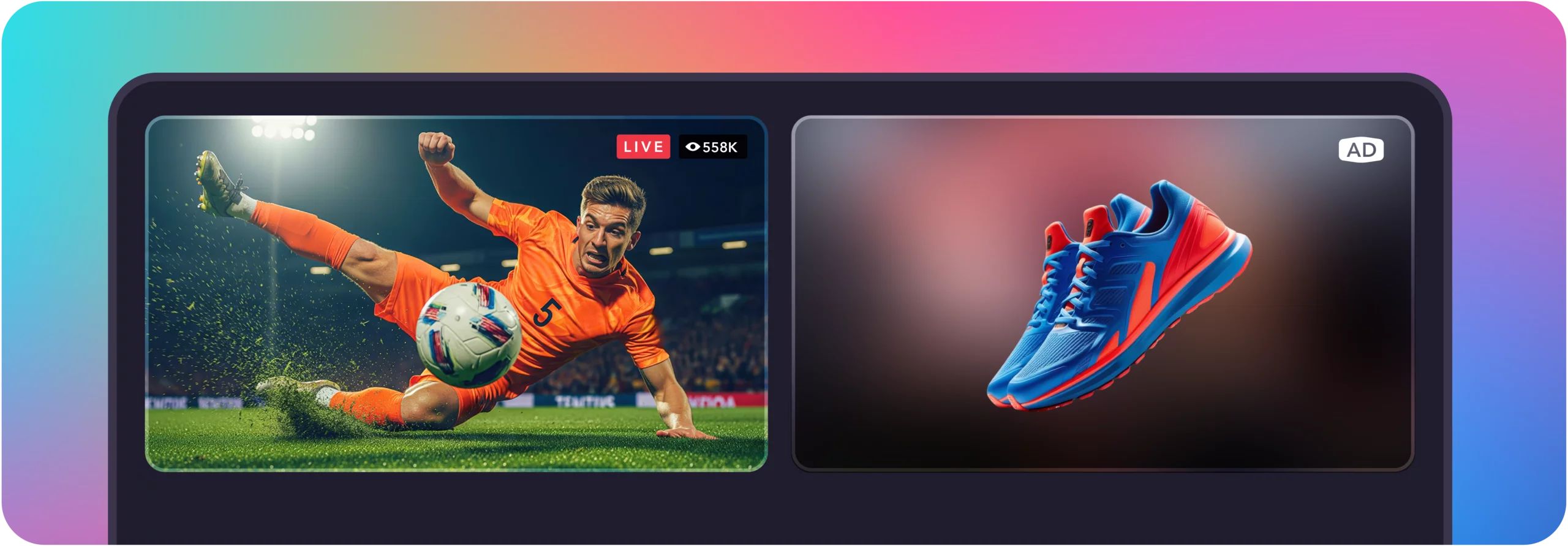Split-screen showing a live soccer stream alongside a sneaker ad on a mobile device