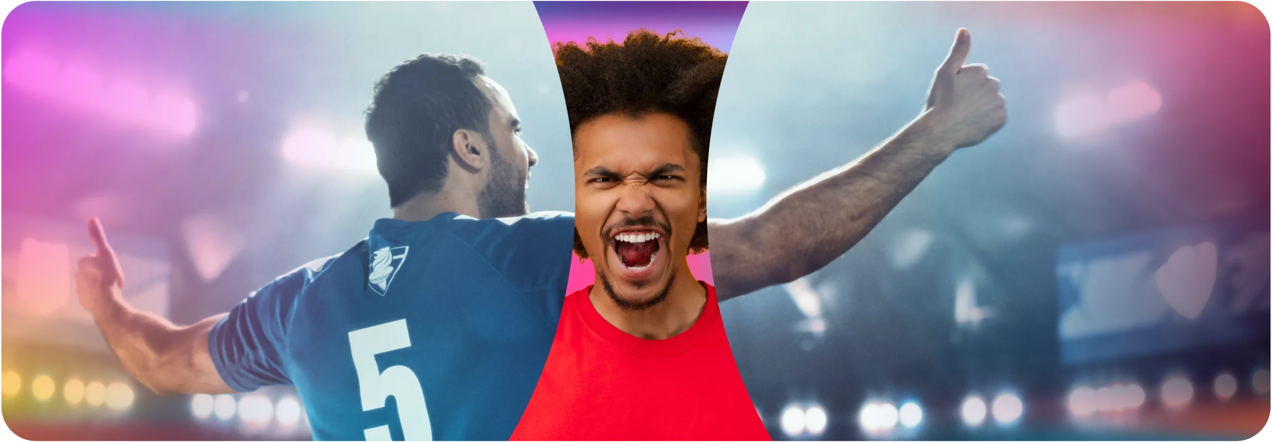 Split image of a soccer player celebrating and a fan shouting with excitement