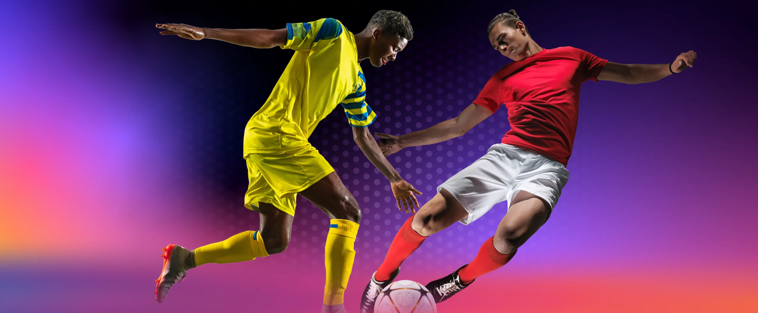  Two soccer players competing for the ball against a vibrant gradient background