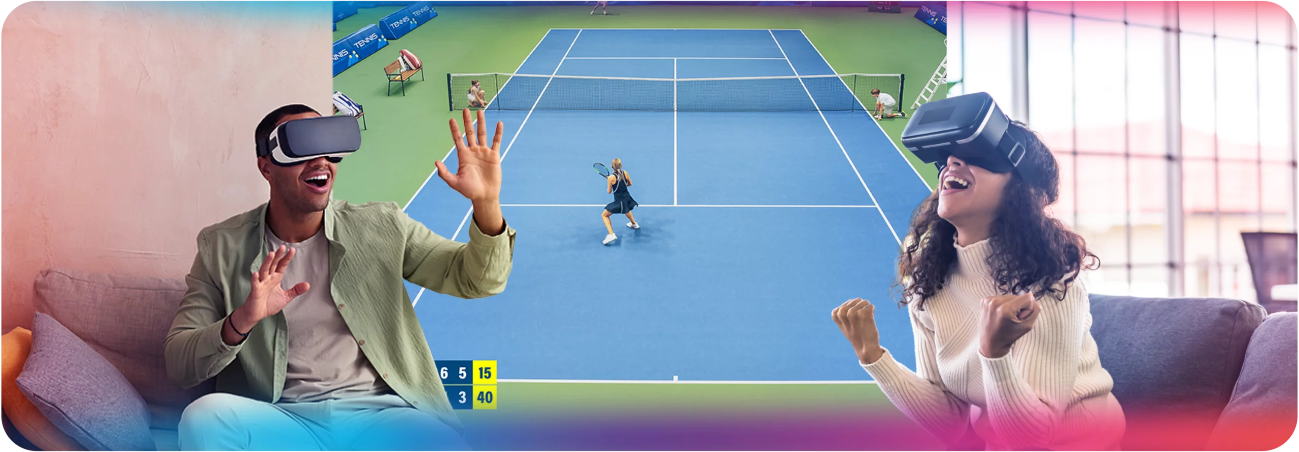Two fans wearing VR headsets react with excitement as they watch a live tennis match courtside through Dolby OptiView immersive streaming.