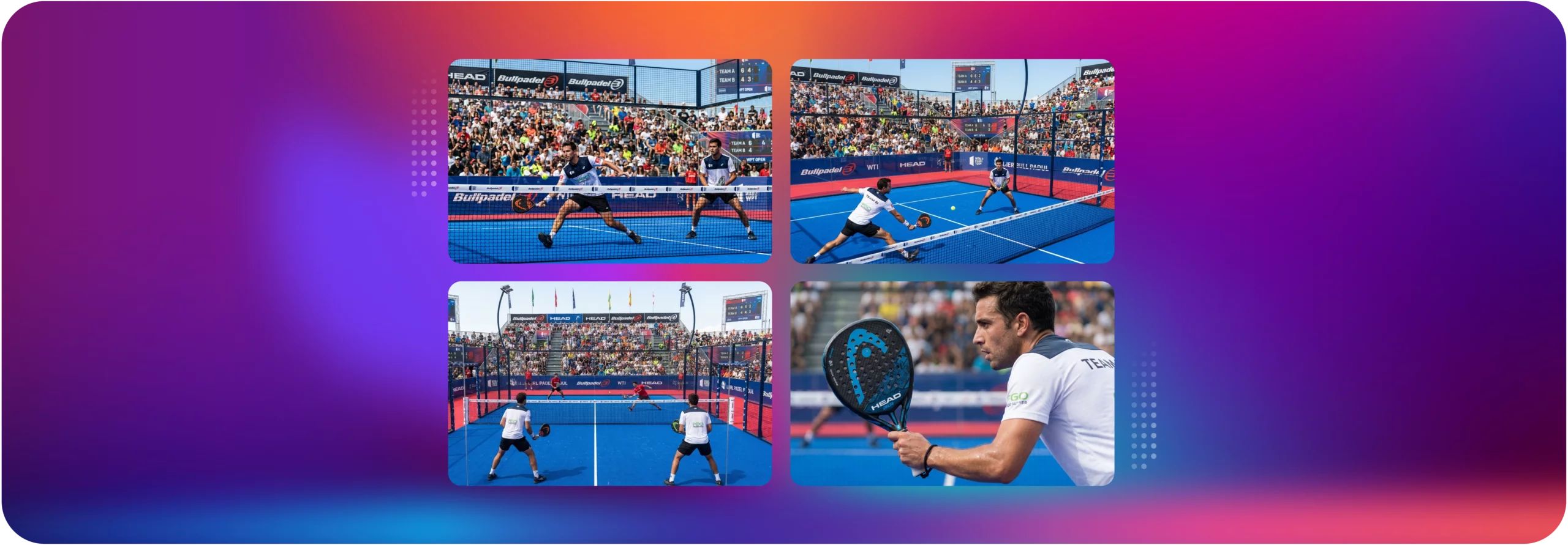 Four action shots from professional padel matches at Corda Arena, showing doubles players competing on blue courts in front of packed crowds