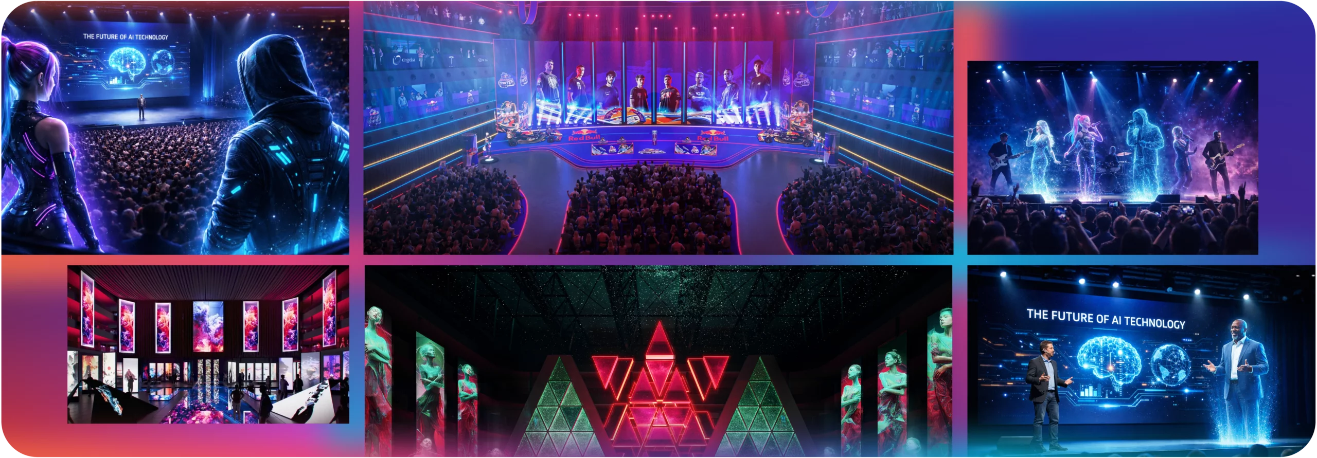 Collage of immersive live event experiences at Corda Arena powered by Dolby OptiView, including esports competitions, holographic concert performances, interactive digital art exhibitions, and AI technology keynote presentations