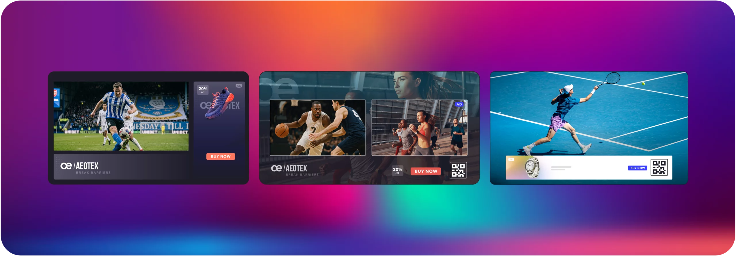 Three examples of contextual ad placements during live soccer, basketball, and tennis streams