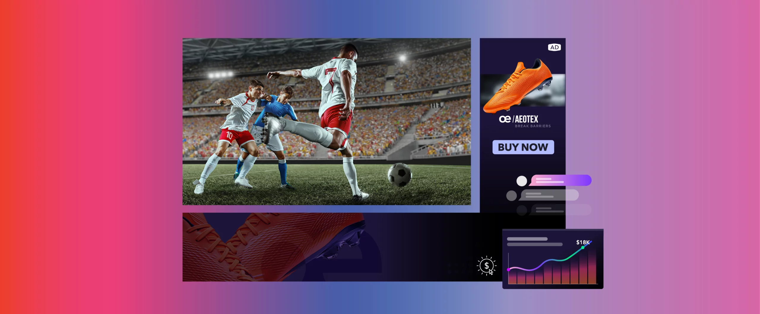 Soccer match on screen with a contextual shoe ad overlay and ad performance analytics