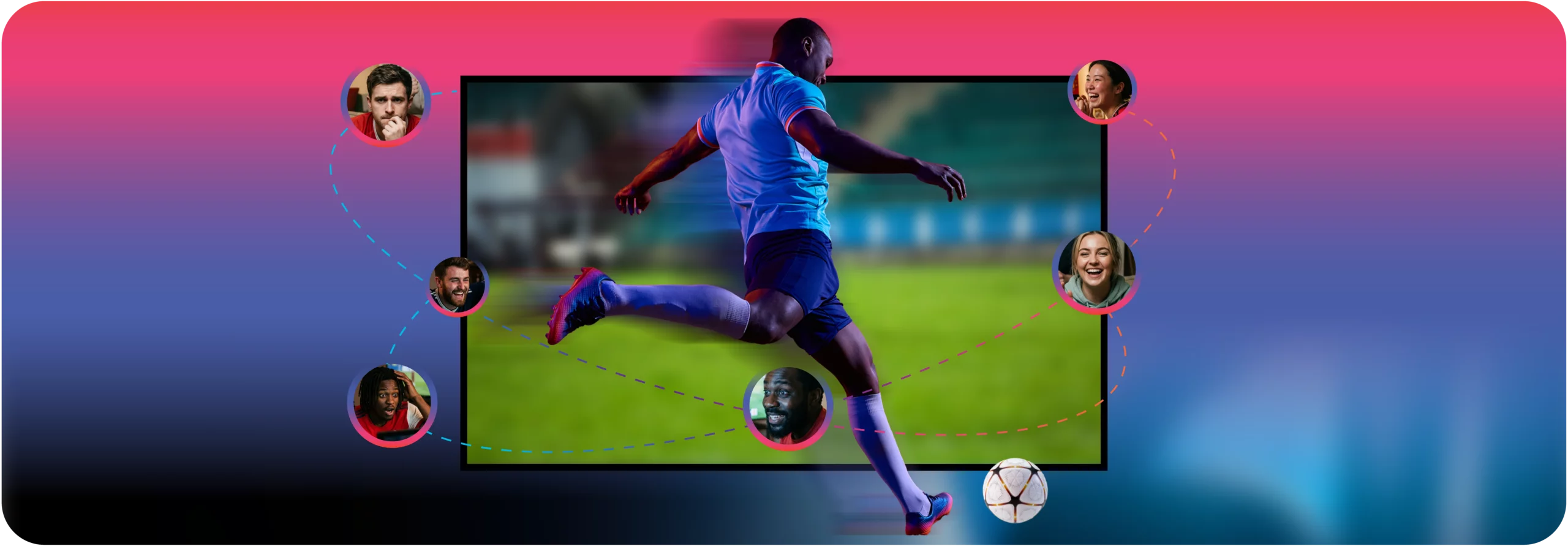 A soccer player mid-kick on a large screen, surrounded by circular portraits of diverse fans reacting with excitement, illustrating Dolby OptiView's connected viewing experience for live sports